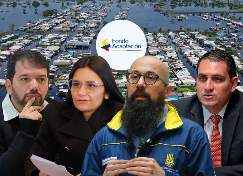 Senador Julio Elías Chagui; gerente del Fondo de Adaptación, Angie Rodríguez; director de la UNGRD, Carlos Carrillo y subgerente del Fondo, Jonattan Duque. FOTO Colprensa