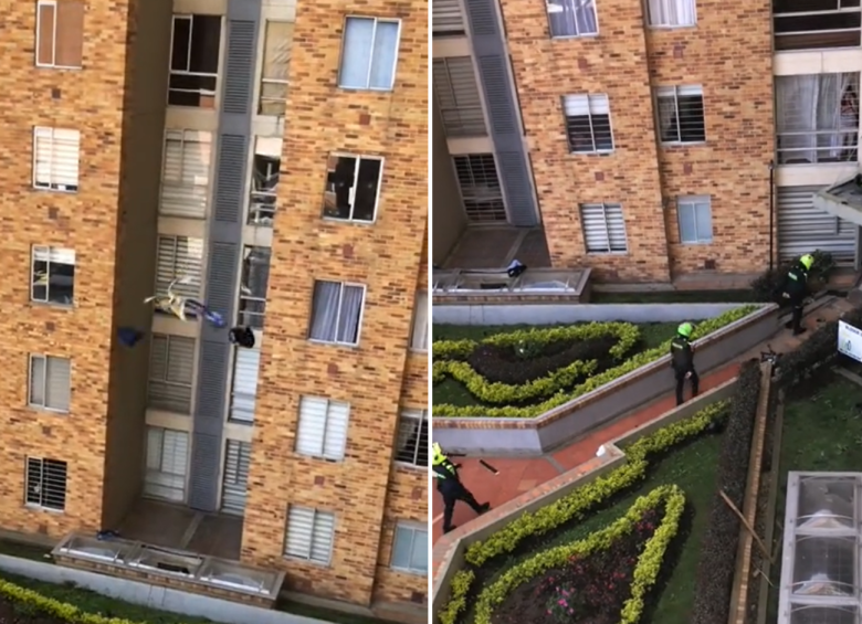 Los habitantes de un conjunto residencial en Bogotá se alertaron cuando una mujer empezó a lanzar elementos desde un piso alto, los objetos quedaron en pedazos en el piso. FOTO: Captura de pantalla @sergiocampos6176