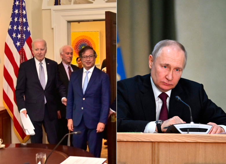 En la primera imagen el presidente Gustavo Petro en su visita a la Casa Blanca este 20 de abril; y el presidente de Rusia, Vladimir Putin, quien ordenó la invasión en Ucrania. FOTO CORTESÍA Y AFP