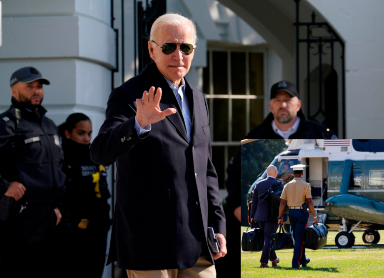 El presidente Joe Biden siempre está acompañado de militares (foto-detalle) que cargan a “football”, el maletín nuclear. FOTO Efe