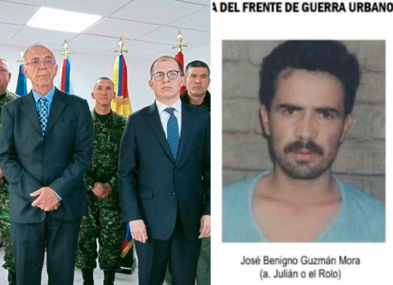 En la imagen el ministro de Defensa, Iván Velásquez, junto al fiscal Francisco Barbosa. A su lado el cartel de se busca de alias el Rolo, jefe del Frente de Guerra Urbano del ELN. FOTO CORTESÍA