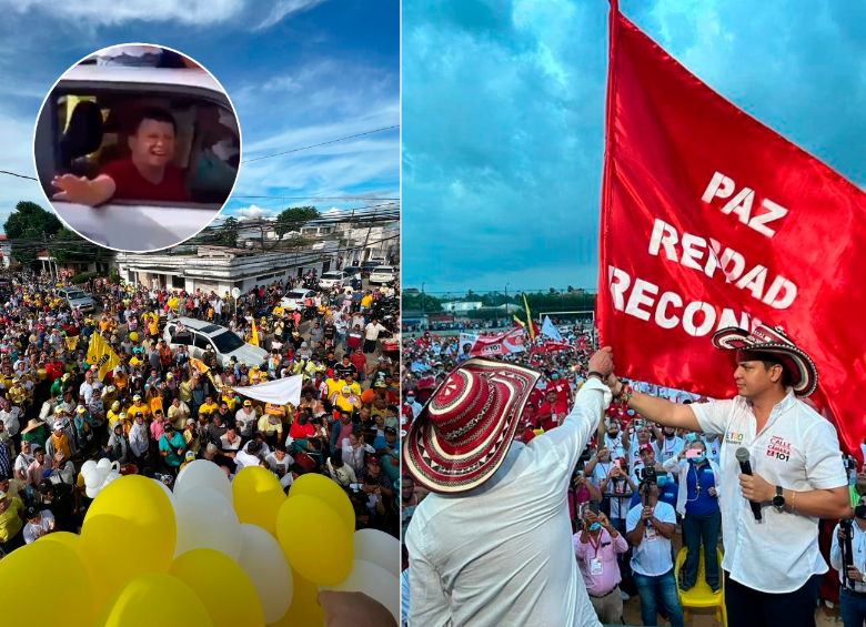 El ‘Ñoño’ Elías fue recibido por una multitud en Sahagún; Petro recibió en febrero de 2022 una bandera de manos de Gabriel Calle Aguas en Montelíbano. Calle Aguas es el candidato de Elías y del Pacto Histórico a la Gobernación de Córdoba. FOTO TWITTER @JOSERLARRARTEG Y CORTESÍA