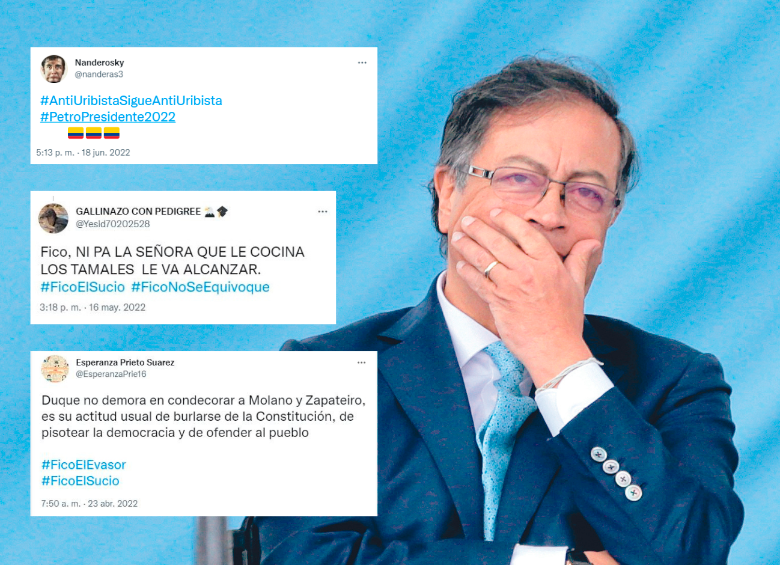 Además de hacerle campaña a Gustavo Petro, las cuentas de los supuestos bots que aparecieron en los archivos secretos de Twitter hicieron campaña sucia contra otros candidatos. FOTO COLPRENSA Y CAPTURAS DE PANTALLA