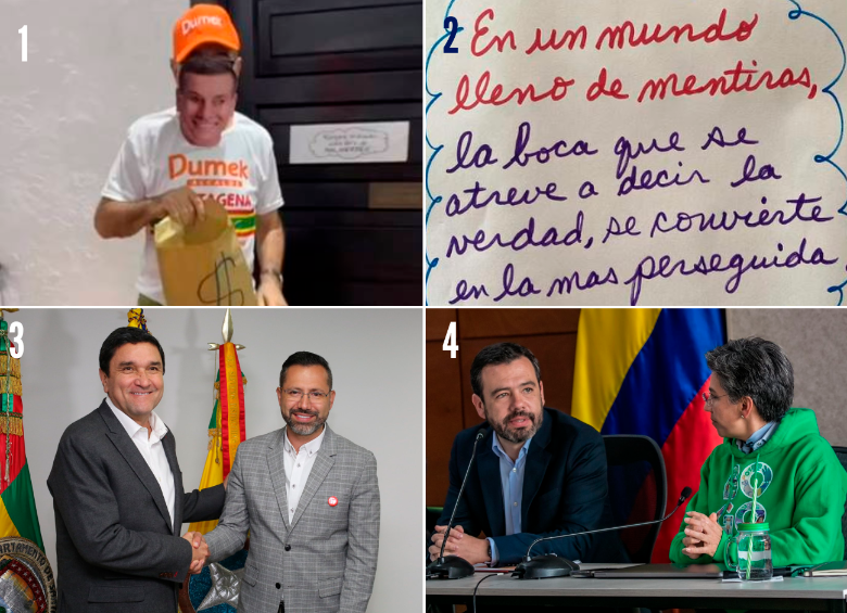 1 y 2. El alcalde de Cartagena, William Dau, se disfrazó de su sucesor, Dumek Turbay, y compartió este mensaje en sus redes. 3. En Bucaramanga el alcalde electo Jaime Beltrán anunció que revisará con rigor toda la información que le entregue Juan Cárdenas. 4. En Bogotá, Claudia López y Carlos Fernando Galán iniciaron su empalme este jueves. FOTO CORTESÍA