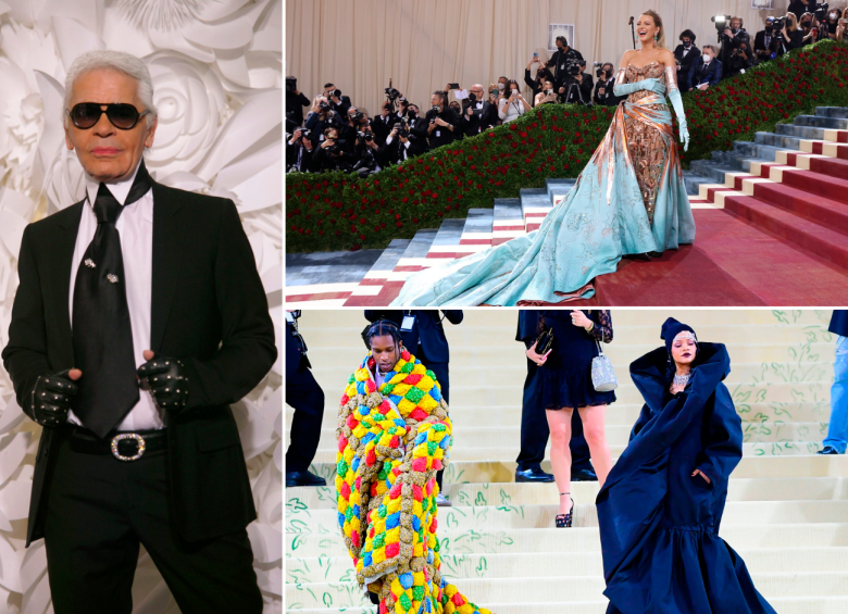 Karl Lagerfeld a la izquierda. A la derecha, algunos diseños de galas anteriores. FOTOS Getty