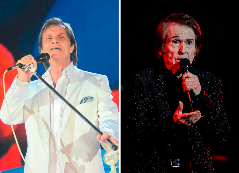 Dos estrellas de la música que siguen dando conciertos. Roberto Carlos (81 años) y Raphael (79 años), este último dio un concierto hace poco en Medellín. FOTOS Getty y Jaime Pérez