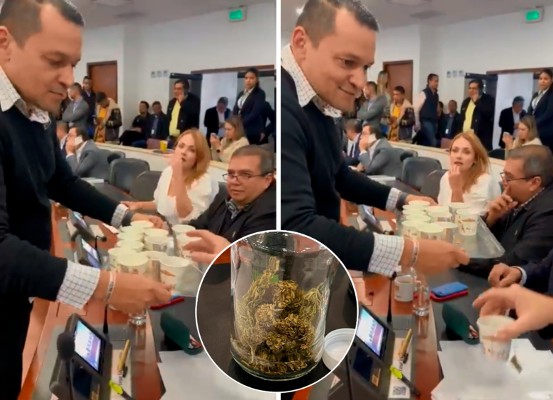 El representante Alejandro Ocampo sorprendió la sesión de la Comisión Primera de la Cámara de representantes al entregar productos derivados de la marihuana. FOTO TWITTER @JUANFRAILE
