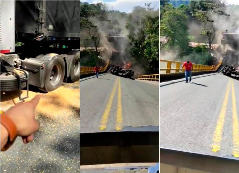 Con su celular, Stiven Medina, grabó lo que ocurrió minutos después del colapso del puente que une a Quindío con el Valle del Cauca. FOTOS: CAPTURA DE VIDEO 