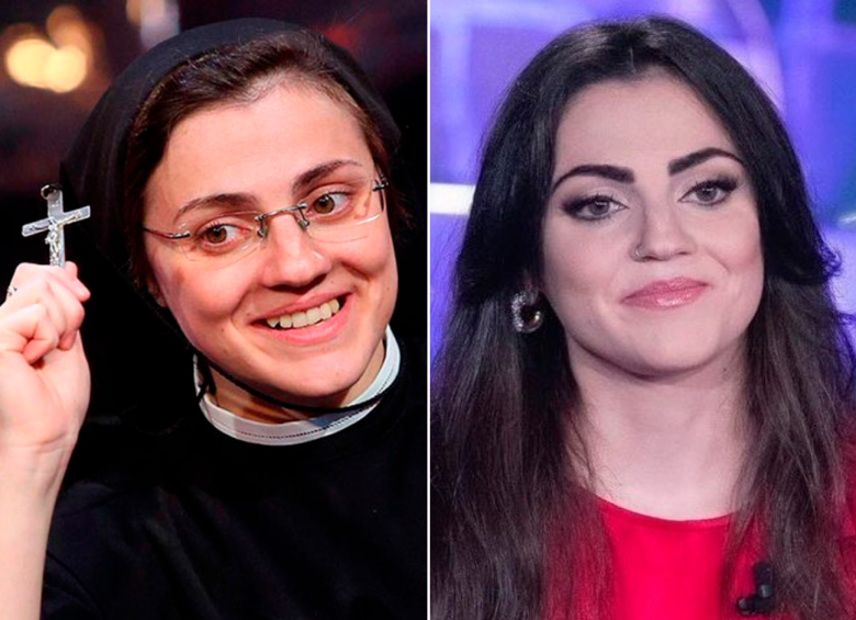 La monja Cristina Scuccia cuando ganó The Voice Italia en 2014 a la izquierda y a la derecha en el programa Verissimo del Canale 5 de Italia el pasado domingo. FOTOS: CORTESÍA