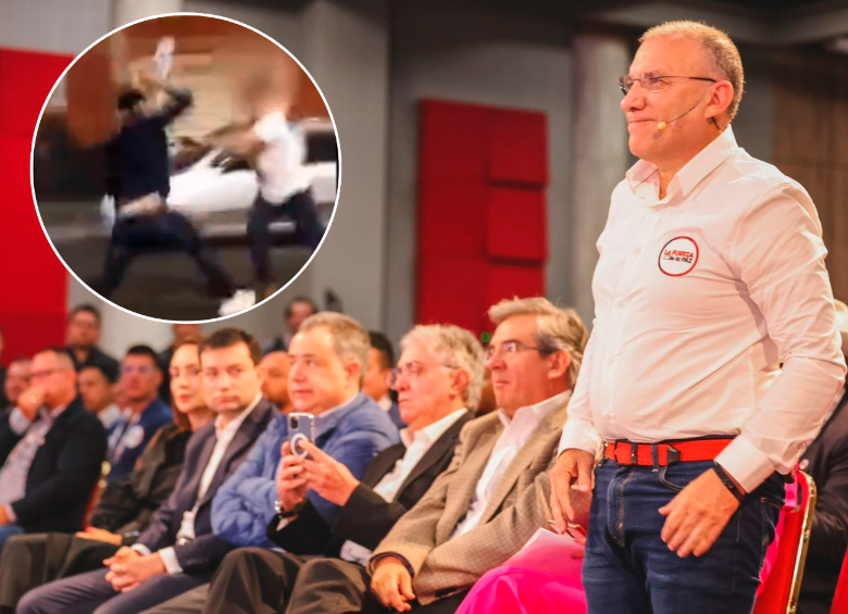 Roy Barreras en la presentación de su partido, la Fuerza de la Paz, en febrero. En la foto detalle Yeison Galeano, candidato de la colectividad al Concejo de Chía, peleando. FOTO COLPRENSA