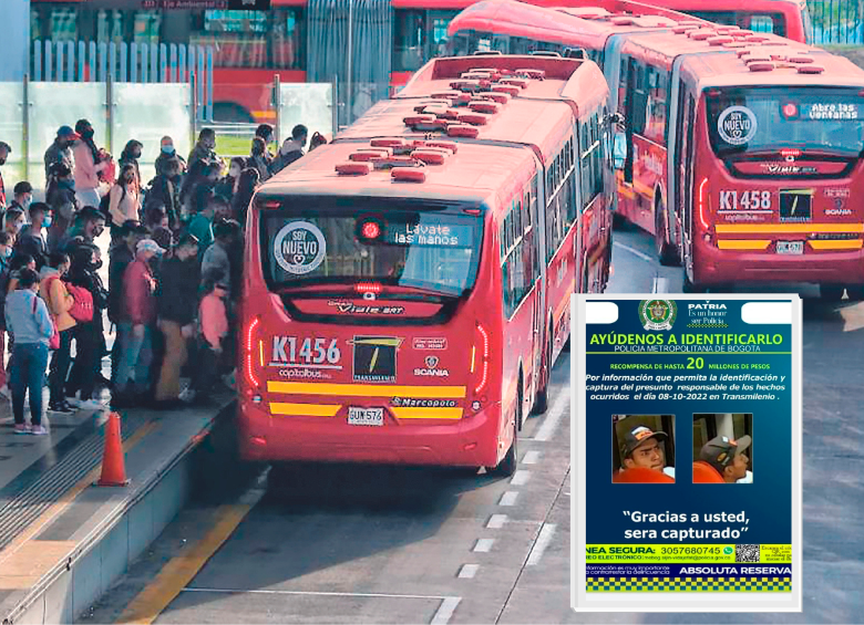 Los buses de servicio público de Transmilenio mueven, en promedio, 4 millones de pasajeros por día. En el detalle la única imagen del señalado asesino a quien la Policía busca. FOTO Colprensa