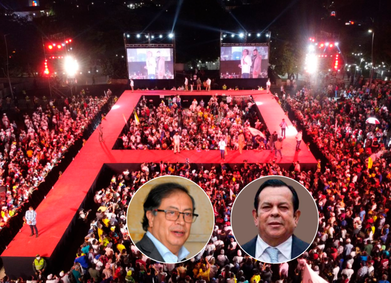 El presidente Petro (izquierda) se refirió al evento con la tarima en forma de ‘P’ que habría financiado Torres (derecha); aseguró que no fue un evento de campaña. FOTO COLPRENSA 