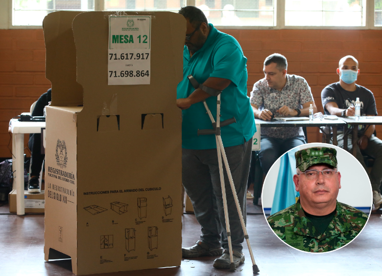 El comandante de las Fuerzas Militares, general Helder Giraldo (foto detalle), ordenó tomar medidas estrictas para garantizar el normal desarrollo de las elecciones. FOTO EL COLOMBIANO