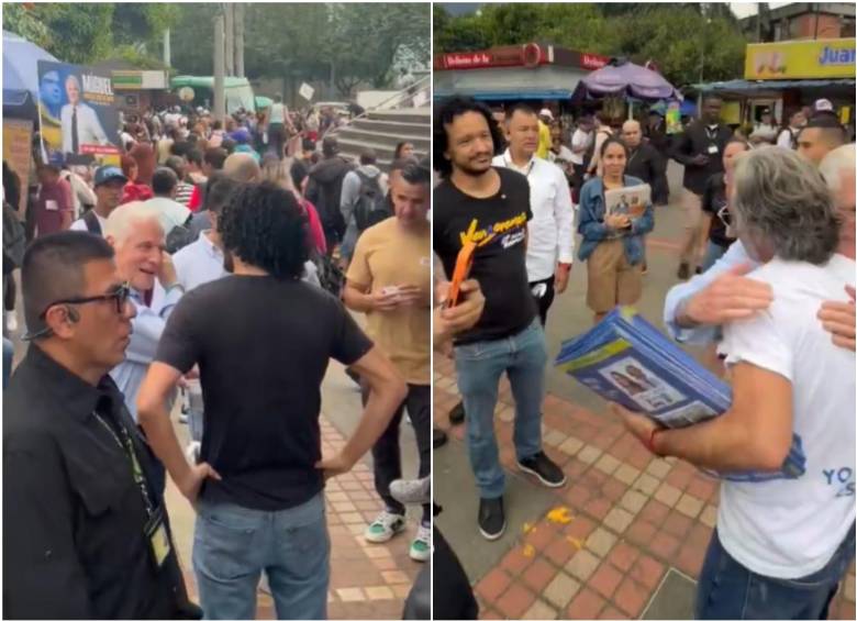 Las campañas de Miguel Uribe, Paloma Valencia e Iván Cepeda coincidieron repartiendo volantes en las escaleras de acceso de la estación Poblado del metro de Medellín. FOTO: Cortesía