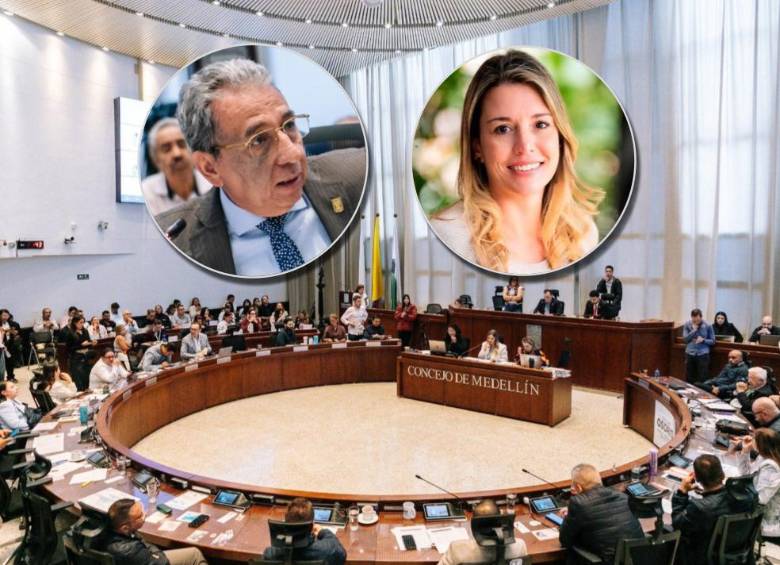 En la imagen, el concejal Luis Guillermo Vélez, uno de los detractores, y la secretaria de Gestión Humana, Cristina Nicholls Villa, quien defendió la iniciativa. FOTOS: Cortesía Concejo y Alcaldía