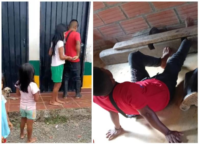 Fotogramas del video en los que se observa al hombre abriendo la puerta de una escuela y luego siendo castigado con un cepo. FOTO: Cortesía