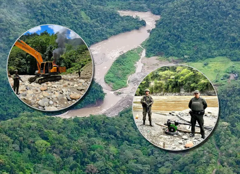 Fue destruida maquinaria de minería ilegal en operativos del Ejército y la Policía en el río Samaná, en Nariño. También en La Pintada destruyeron maquinaria y capturaron a una persona. FOTOS: Séptima División del Ejército Nacional