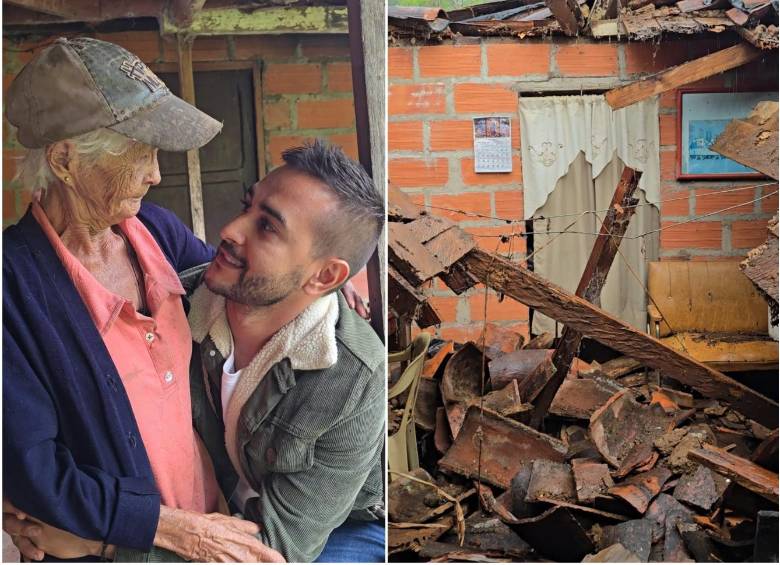 Doña Amparo junto al influenciador Juan Camilo Vélez. A la derecha, aspecto de los daños de su casa. FOTOS: Cortesía