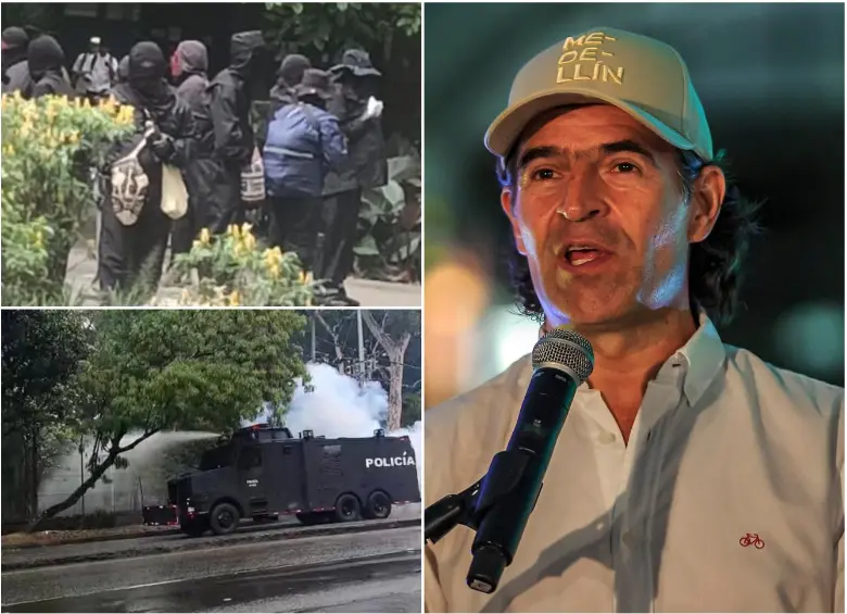 Imágenes de los encapuchados que protagonizaron desmanes en la U. de A. este miércoles 3 de junio. FOTO: Cortesía Denuncias Antioquia y Camilo Suárez