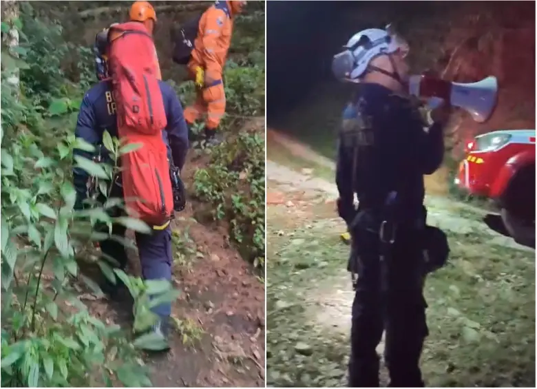 Socorristas del Cuerpo de Bomberos de La Estrella en las labores de búsqueda del estudiante de la Universidad de Antioquia. FOTOS: Cortesía Bomberos La Estrella