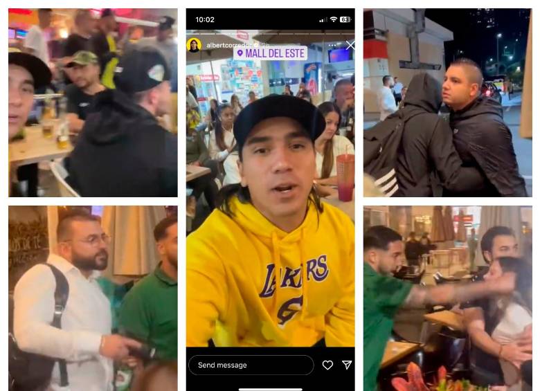 Grupo de personas con las que compartía Albert Corredor en mall del Este. En la primera fotografía, el hombre de gorra verde que comienza el altercado; en la tercera, Camilo Luna, íntimo de Corredor. FOTO cortesía