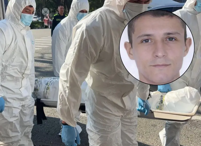 Al fondo, el cuerpo de alias Venezuela. En el círculo, su foto. FOTO: Cortesía Policía de Antioquia