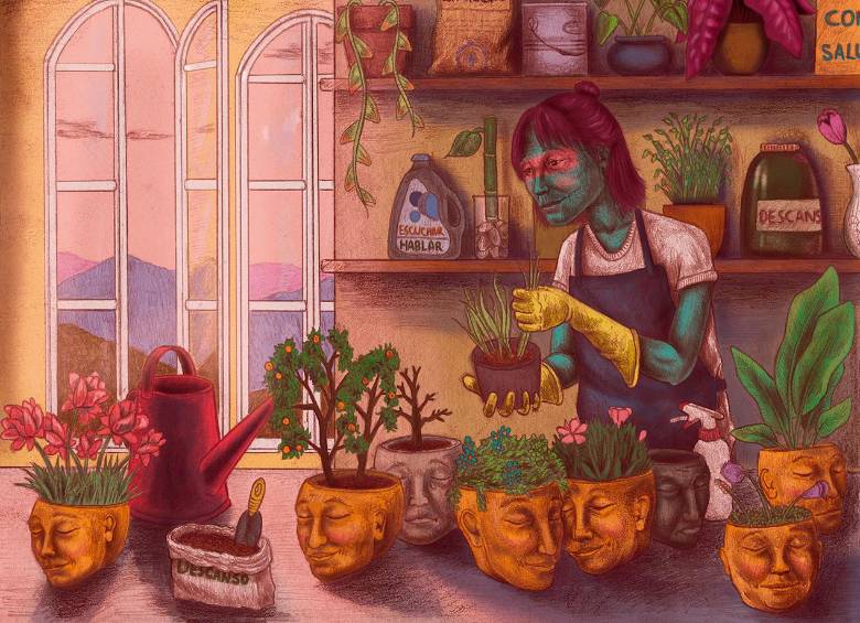 Procesos y resultados obra ganadora del primer lugar en Los colores de la salud mental. Según su autor, el tono verde azulado del personaje busca evocar tranquilidad y serenidad. FOTO cortesía Dirección de Comunicaciones UdeA / Andrea Vargas