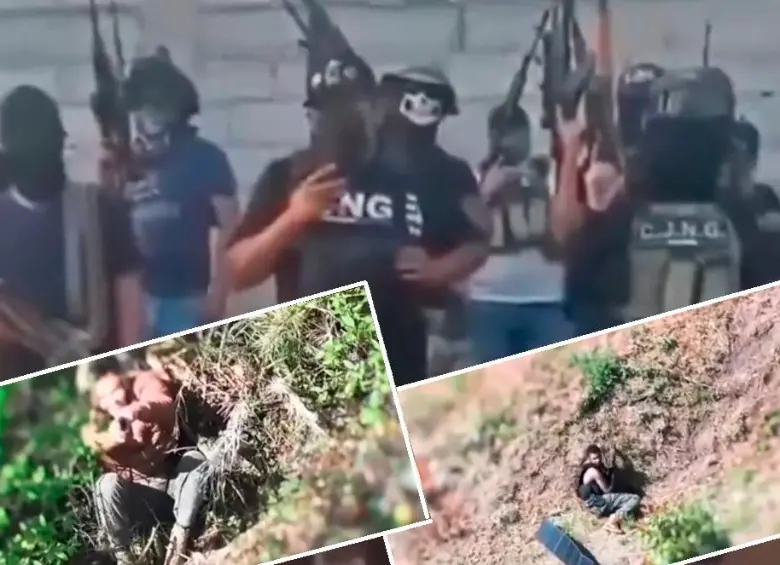 En los recuadros se ven algunos de los videos de supuestos mercenarios colombianos, grabados con un dron en Michoacán. IMÁGENES TOMADAS DE VIDEOS.