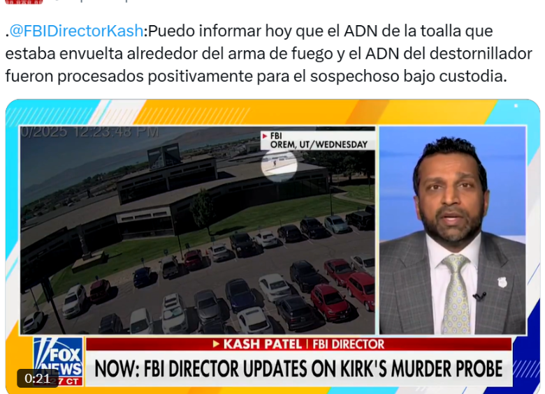ADN hallado en la escena del crimen de Charlie Kirk coincide con el del sospechoso, según FBI