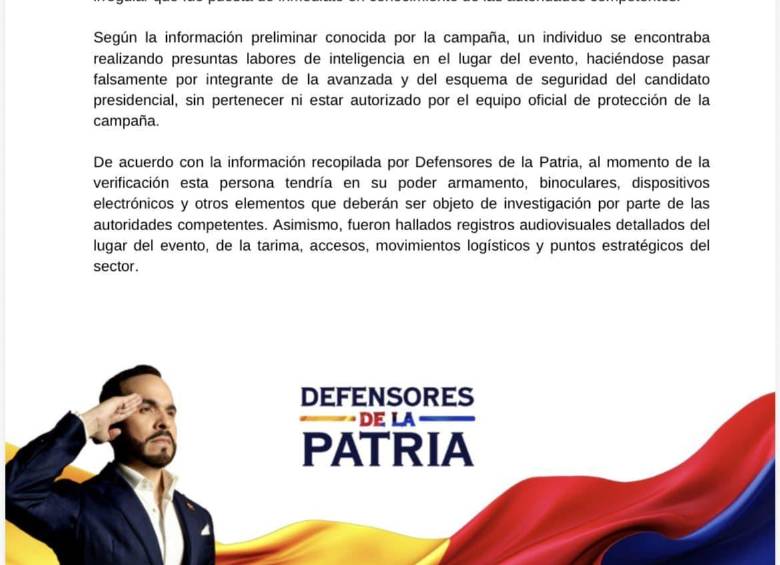 Comunicado oficial de Defensores de la Patria.
