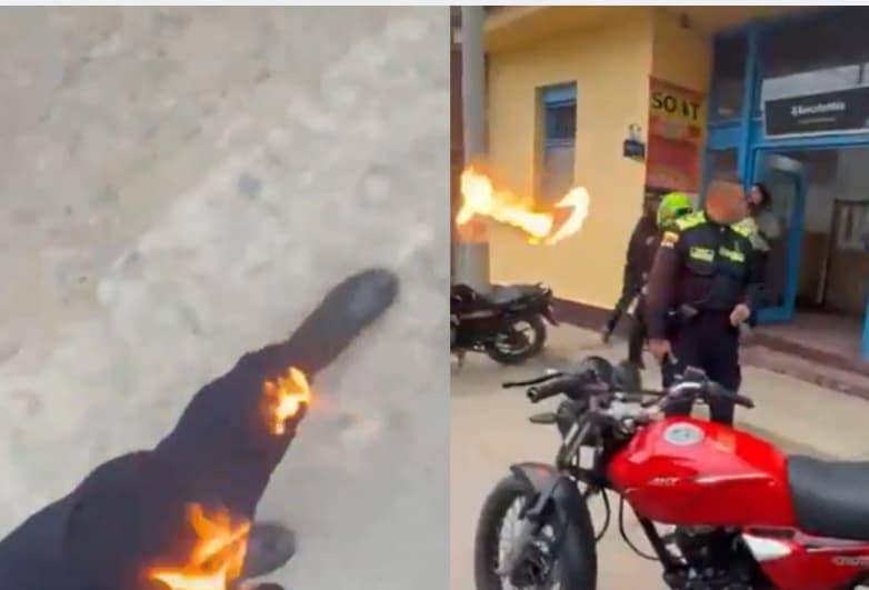 Un motociclista lanzó un objeto en llamas contra un agente de tránsito, quien sufrió quemaduras en una de sus extremidades inferiores. El presunto responsable fue capturado. FOTO: @JorgeEmilioRey vía X. 