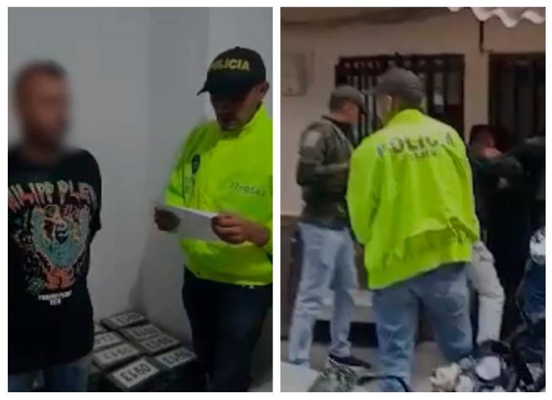 A la izquierda, la captura de “Gomelo”. A la derecha, allanamiento en el Barrio Antioquia. Foto: Policía Metropolitana. 