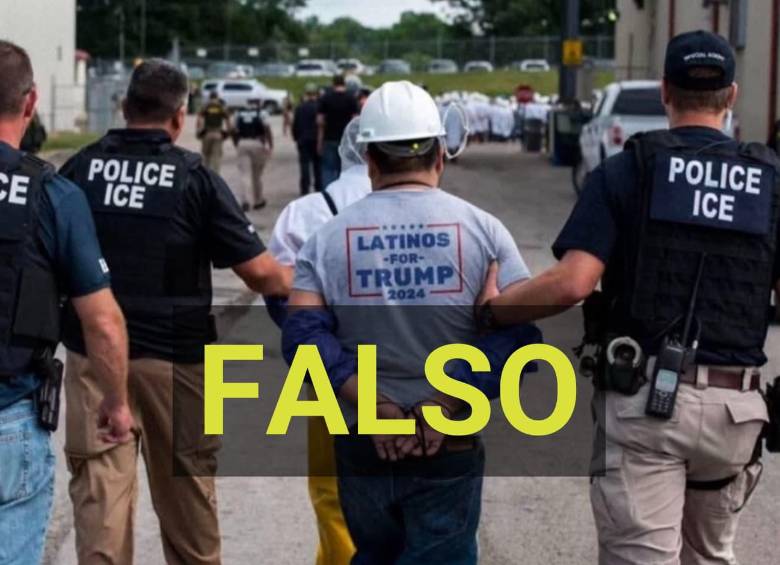 Esta imagen fue manipulada: en la foto original, propiedad de la Agencia Getty, la camiseta de la persona que está siendo conducida por las autoridades no tienen ningún logo o estampado.