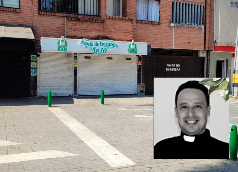 El sacerdote Javier Eduardo González Pertuz (detalle), de 39 años, murió dentro de este establecimiento comercial en la carrera 70A con la calle 42, en Laureles. FOTOS: ANDRÉS GARCÍA HERNÁNDEZ Y CORTESÍA