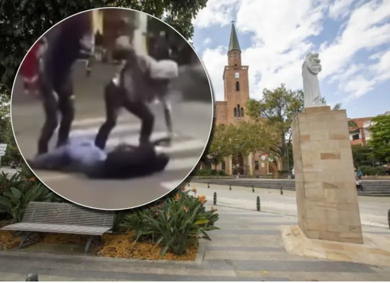La golpiza ocurrió en el parque San José de Envigado. Fotos: captura del video y EL COLOMBIANO.