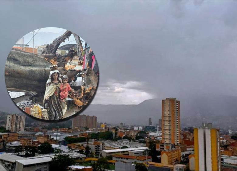 Imagen ilustrativa de las lluvias en Medellín atrás. Adelante, foto de un árbol caído. Foto: Juan Antonio Sánchez Ocampo y cortesía.