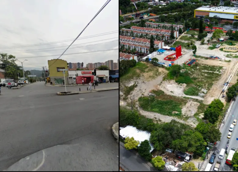 El antes y el ahora del sector San Germán, justo al frente del Éxito de Robledo, donde estará la estación subterránea del Metro de la 80. Fotos: Google Maps y Manuel Saldarriaga.