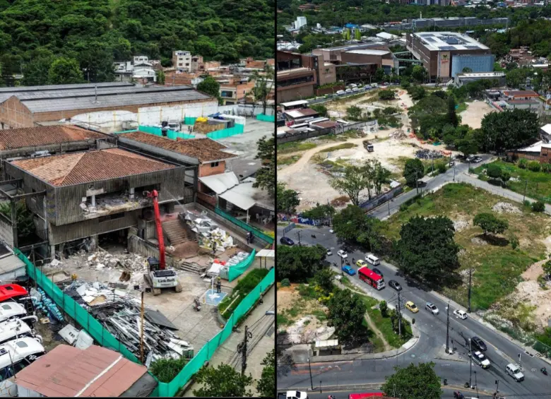 A la izquierda, el proceso de demolición del antiguo punto de Sura, en el barrio Córdoba. A la derecha, cómo luce actualmente esa zona. Fotos: Camilo Suárez y Manuel Saldarriaga