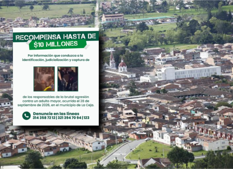 Atrás, panorámica del municipio de La Ceja. Adelante, imagen de la recompensa. Fotos: EL COLOMBIANO y cortesía.