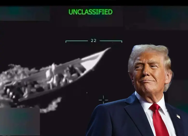 El presidente Donald Trump compartió en sus redes sociales el video del ataque a la lancha. FOTO CORTESÍA Y AFP