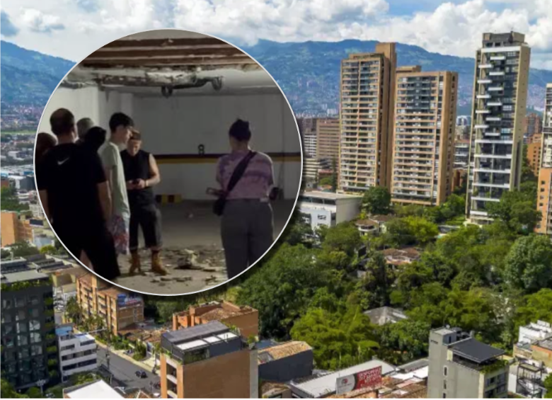 El desprendimiento de la parte de un techo de un parqueadero en una unidad residencial en Laureles causó pánico en sus residentes. Fotos: EL COLOMBIANO y cortesía.