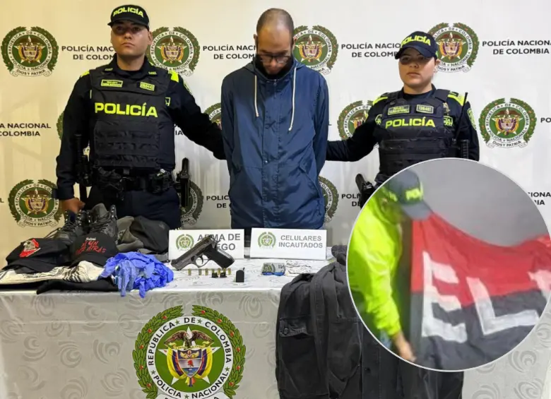 En el allanamiento de su vivienda encontraron banderas del ELN, prendas militares, un dron y notas sobre fabricación de explosivos. Fotos: cortesía