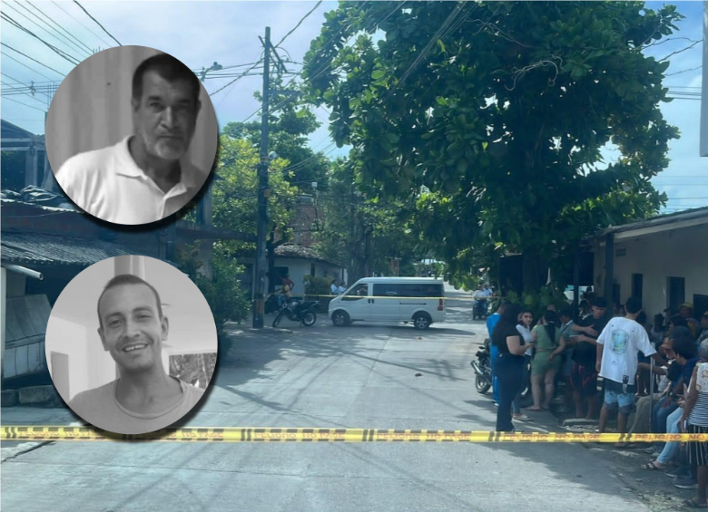 Atrás, imagen de la zona del crimen acordonada. Adelante, fotos de Luis Albeiro Serna Henao y Joseph Felipe Álvarez Bustamante, quienes murieron en el hecho. Fotos: cortesía.