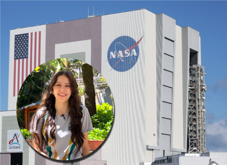 La estudiante irá al Centro Espacial Kennedy, en Florida, Estados Unidos, para una inmersión académica. Fotos: cortesía Alcaldía de Medellín y AFP.