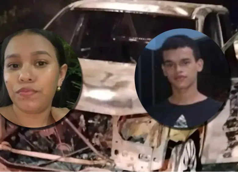 Adelante, Valeria Flórez (izquierda) y Juan Pablo Ramírez (derecha), las dos víctimas fatales. Atrás, los restos incinerados de la camioneta involucrada. Foto: cortesía.