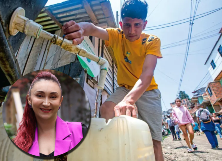 Los habitantes de Granizal, en Bello, necesitan cargar galones de agua para poder tener este recurso vital en sus hogares, mientras aún no hay solución estructural. Por esta problemática surge la sanción contra la alcaldesa de Bello, Lorena González. Foto: EL COLOMBIANO y cortesía.
