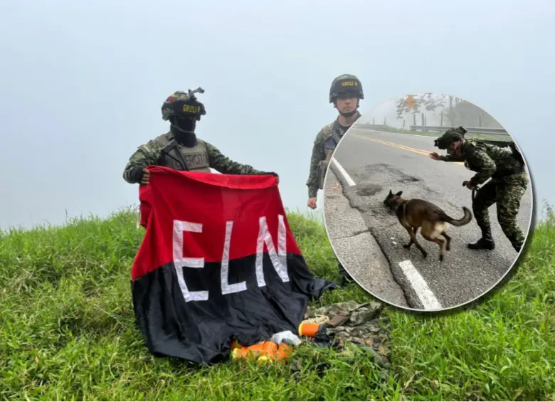 En la Troncal de Occidente encontraron explosivos, armamento, cables y una bandera alusiva al ELN. Fotos: cortesía Ejército nacional.