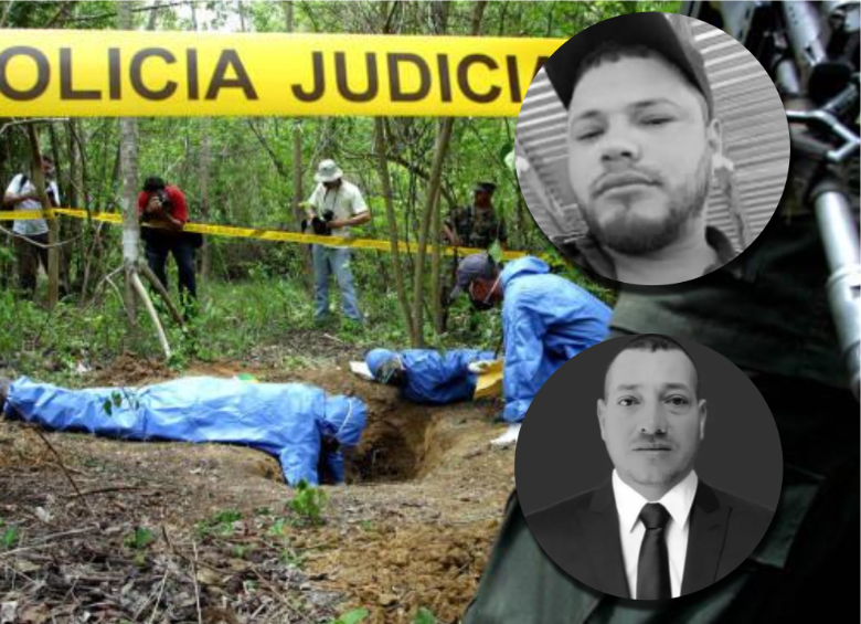 Atrás, imagen ilustrativa de exhumación de cuerpos. Adelante arriba, foto del sobrino Alex Fernando Posada Durango, y abajo el tío, Jhon Hernán Durango. Foto: Colprensa EL COLOMBIANO.