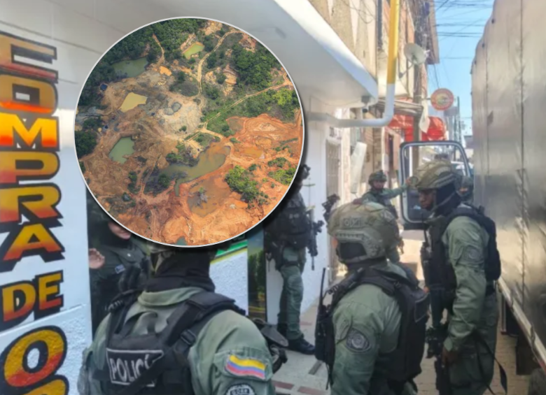 La Policía Nacional realizó operativos en diferentes compraventas de El Bagre, Antioquia. Adelante, la devastación ambiental de la minería ilegal a cielo abierto en El Bagre. Atrás, la Policía en el operativo. Fotos: cortesía y EL COLOMBIANO.