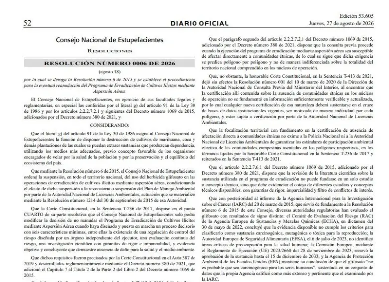 Publicación oficial de la Resolución 0006 del 18 de agosto de 2026 en el Diario Oficial, mediante la cual el Consejo Nacional de Estupefacientes deroga la suspensión de la aspersión aérea con glifosato. Foto: Consejo Nacional de Estupefacientes